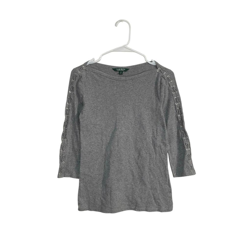 Lauren Ralph Lauren Gray Cotton Boat Neck Lace Sleeves Top Size Small Stretch